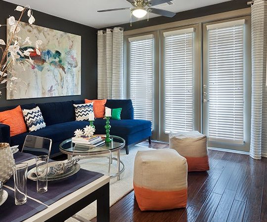a living room with blue and orange accents and a couch at The Live Oak at  Branch